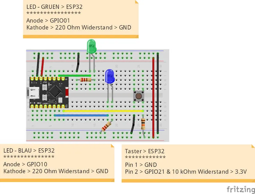 Schaltung - ESP32-C3 Mini mit LEDs und Taster über PullUp Widerstand