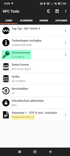 Android - NFC Tools - NFC Temperatursensor ausgelesen
