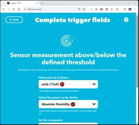 IFTTT - create air-Q Applet - Step 7a