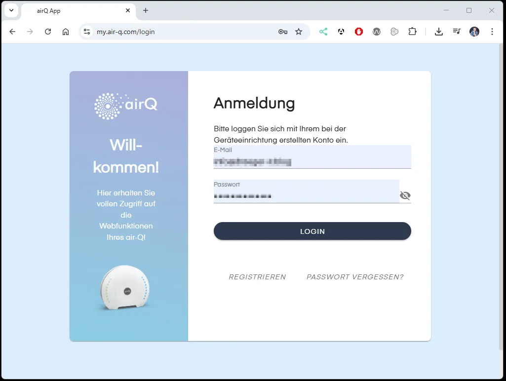air-Q - generate API-Key Step1 - Login