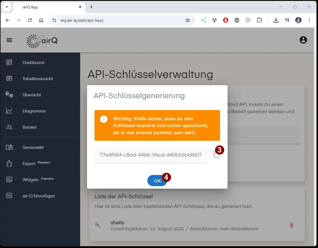 air-Q - generate API-Key Step3 - generate Key