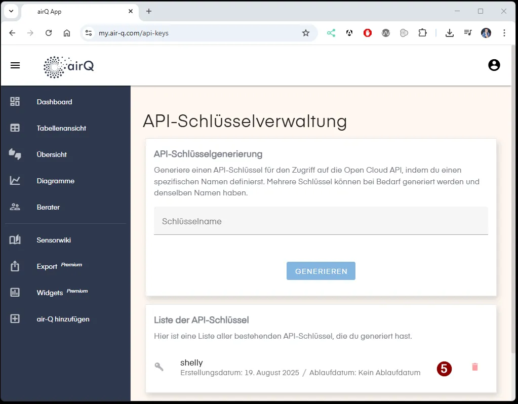 air-Q - generate API-Key Step4 - generate Key