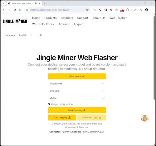 JingleMiner BTC Solo Lite - Factory Reset - Einstellungen