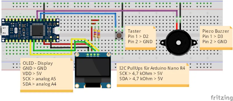 Schaltung - Arduino Nano R4 mit OLED-Display - Taster und Piezo Buzzer