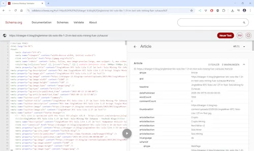 Schema Markup Validator - Step 3 - Analyse und Article Daten
