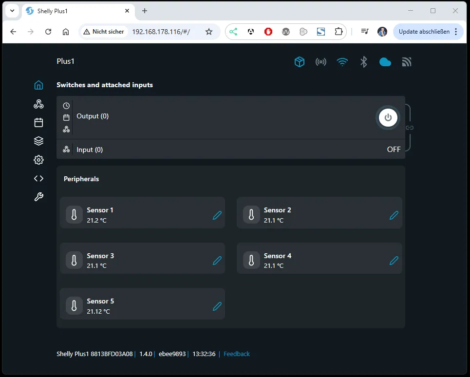 Shelly Plus 1 - Webfrontend mit 5 DS18B20 Sensoren über AddOn