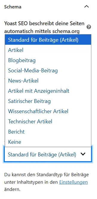 Yoast SEO - anpassen der Strukturierten Daten für einen Blogbeitrag - Artikeltyp