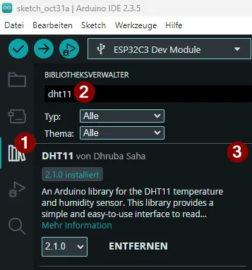Arduino IDE - Bibliotheksverwalter - DHT11 Bibliothek von Dhruba Saha