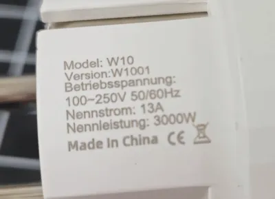 CurrySmarter - WiFi-Stecker - technische Daten auf dem Stecker