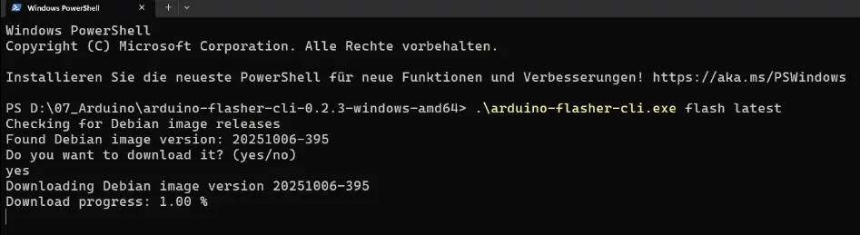 PowerShell - aktualisieren des Arduino UNO Q über arduino-flasher-cli