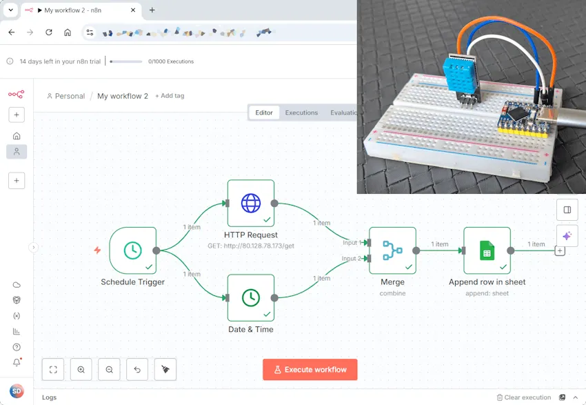 n8n Workflow - ESP32 - Temperatur in Google Sheets schreiben