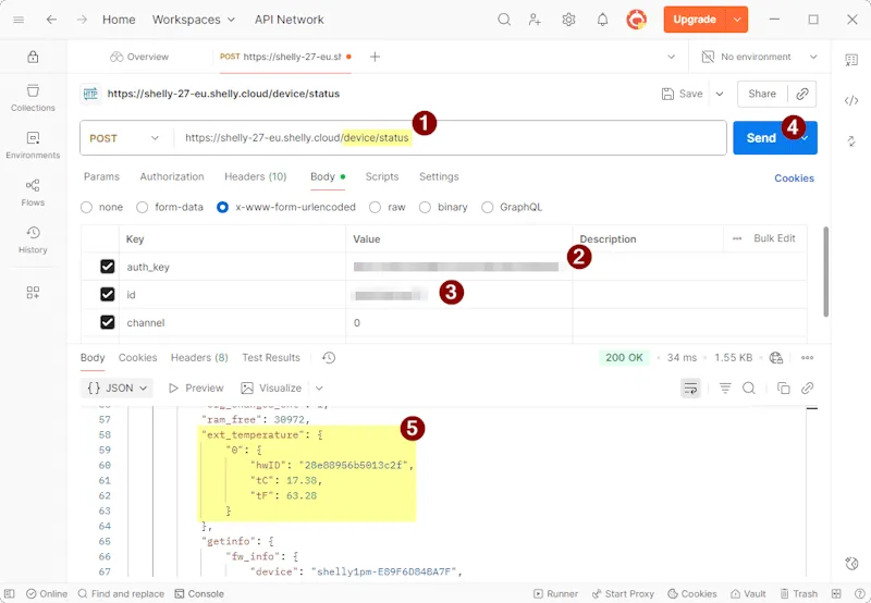 Postman - auslesen der Sensordaten eines Shellys via Cloud Zugriff