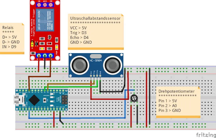 Schaltung - Arduino Nano V3 mit Ultraschallabstandssensor - Relais und Drehpotentiometer