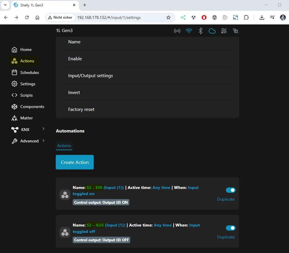 Shelly 1L - Weboberfläche - Übersicht Actions für S2 EIN-AUS