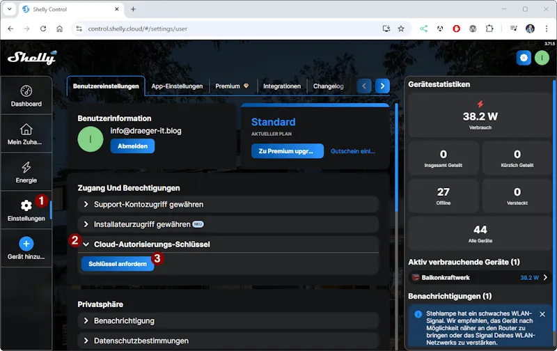 Shelly Control - Cloud-Autorisierungs-Schlüssel anfordern
