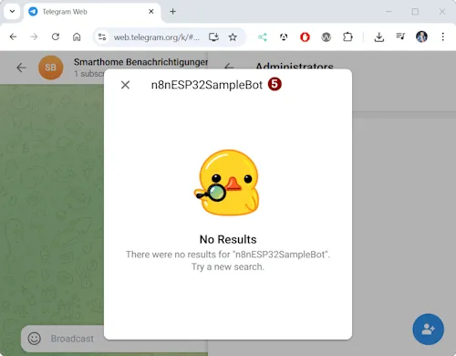 Telegram - Channel bearbeiten - Bot hinzufügen - Step 4 - failed