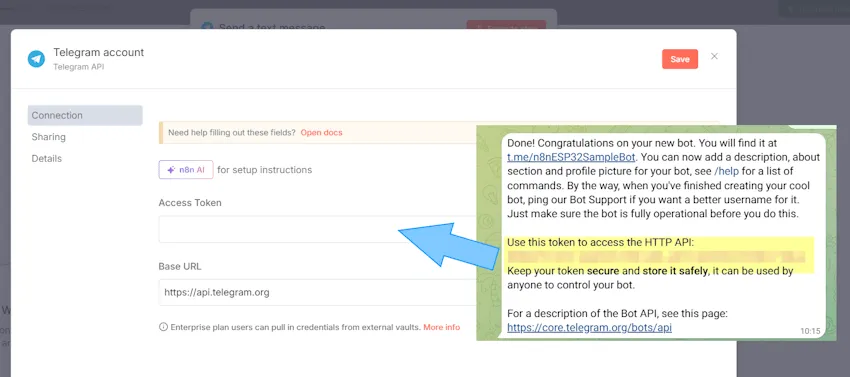 Telegram Node - Konfiguration -Access Token einfügen - Step 3