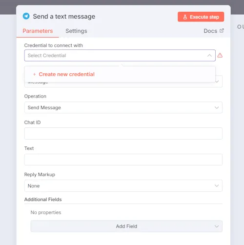 Telegram Node - Konfiguration -Add Credentials - Step 2