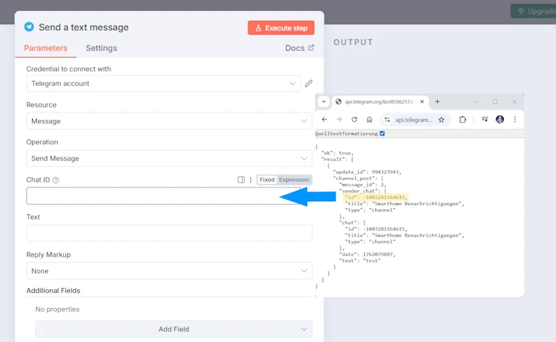 Telegram Node - Konfiguration - Channel ID einfügen - Step 4