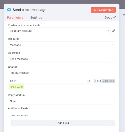 Telegram Node - Konfiguration - Testnachricht absenden - Step 5