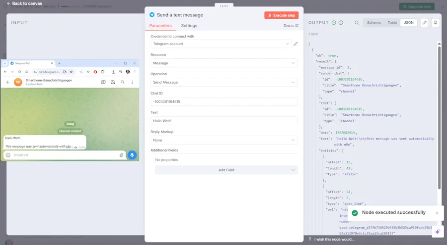Telegram Node - Konfiguration - Testnachricht absenden - fertig