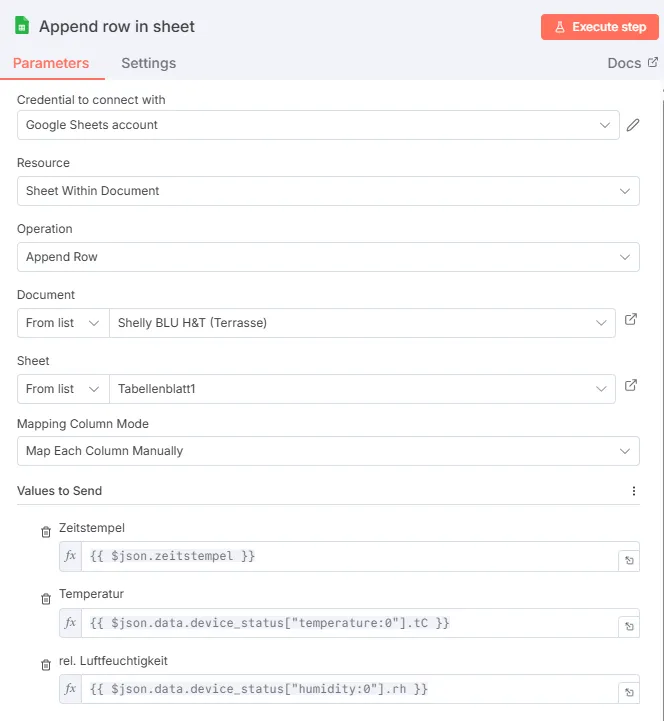 n8n Workflow - Datenzeile in Google Sheet hinzufügen - Detail