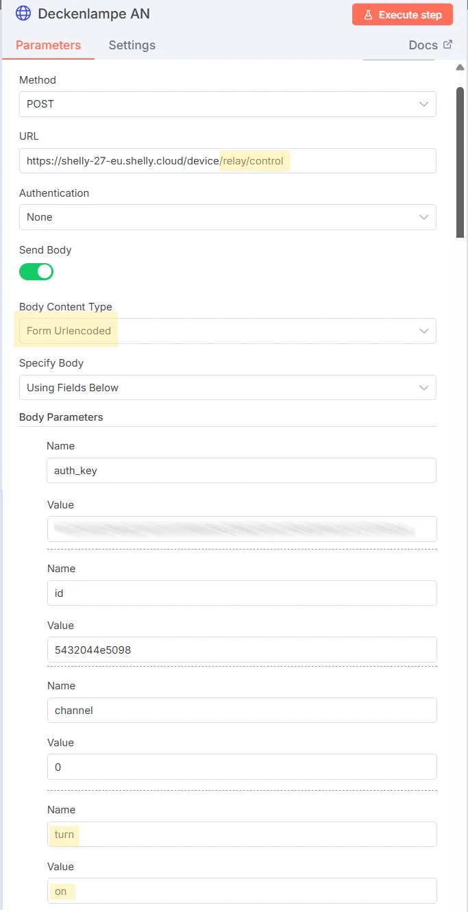n8n Workflow - HTTP-Request - Shelly Relais aktivieren - Details