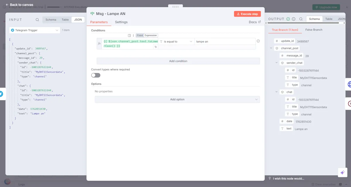 n8n Workflow - If Node zum prüfen der Nachricht - Details