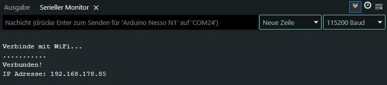 IP-Adresse des Arduino Nesso N1 im seriellen Monitor der Arduino IDE