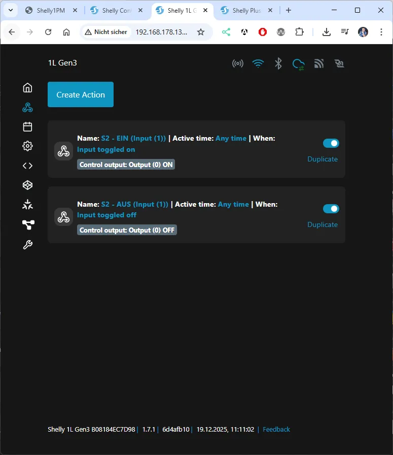 Shelly 1LGen3 - Actions - Weboberfläche