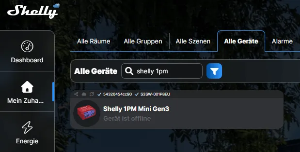 Shelly 1PM Mini Gen3 - Ansicht Shelly Control - Cloud deaktiviert