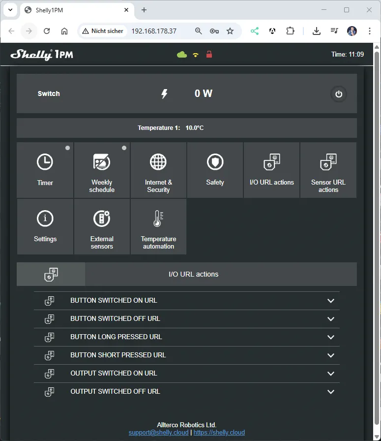 Shelly 1PM (alt) - Actions - Weboberfläche