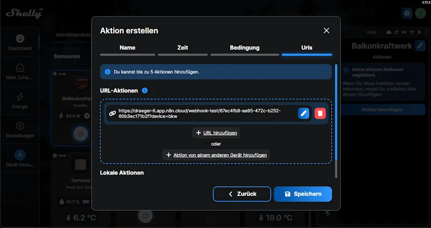 Shelly Controll - Add Action - Step5- weitere Urls oder aktionen hinzufügen