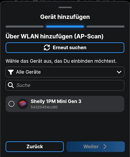 Shelly Smart Control - Einrichten Shelly 1PM Mini Gen3 über AP-Scan