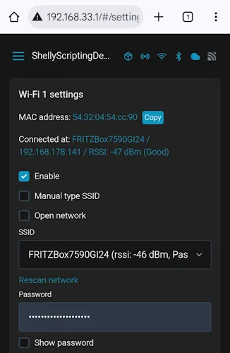 Shelly Webfrontend - WiFi konfigurieren