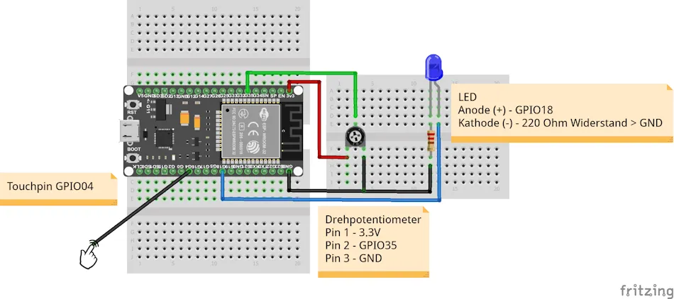 Schaltung - ESP32 mit Touchfunktion zum steuern einer LED - Schwellwert über Drehpoti einstellbar