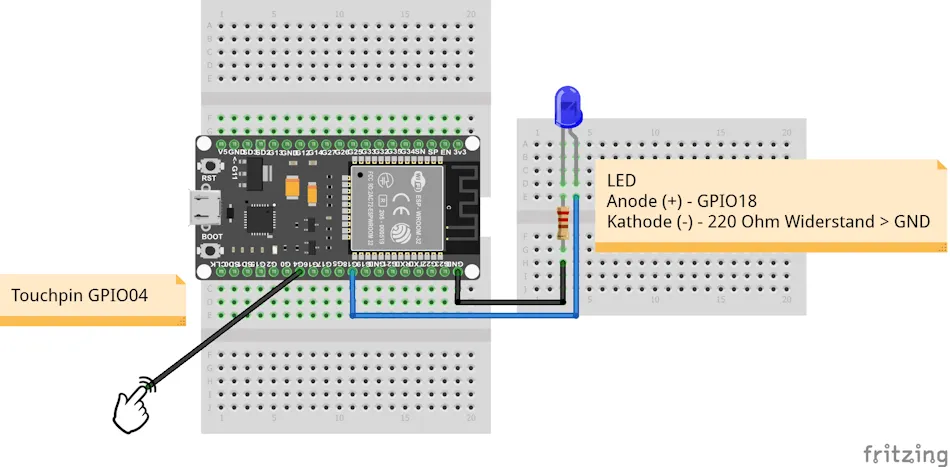 Schaltung: ESP32 mit Touchfunktion zum steuern einer LED
