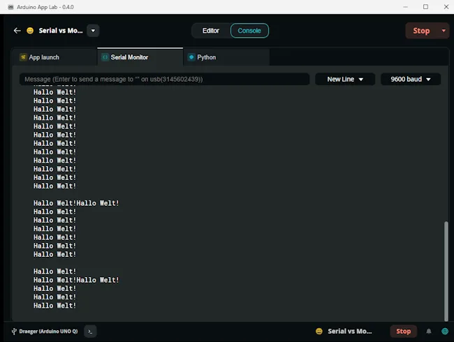 Arduino App Lab - Ausgabe von Debugausgaben mit Monitor