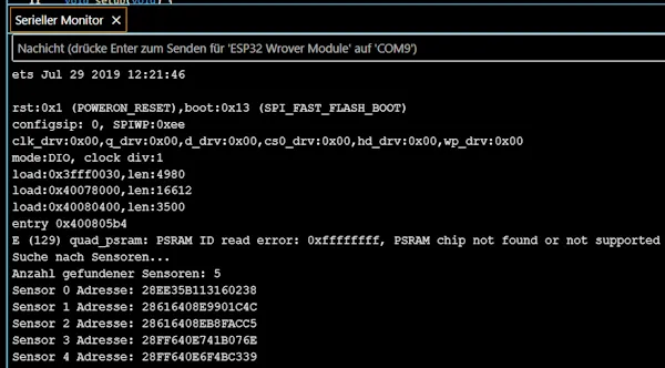 Ausgabe der Adressen der angeschlossenen DS18B20 Sensoren über seriellen Monitor