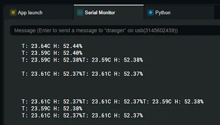 Ausgabe der Sensordaten vom Arduino Modulino Thermo im Seriellen Monitor des Arduino App Lab