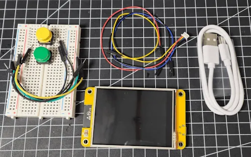 Cheap Yellow Display mit Anschlusskabel - Taster und Breadboardkabel