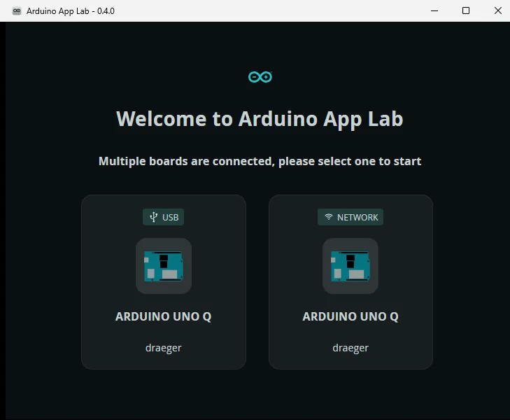 Workflow - Arduino App Lab - Step 1 - connection auswählen USB oder Netzwerk