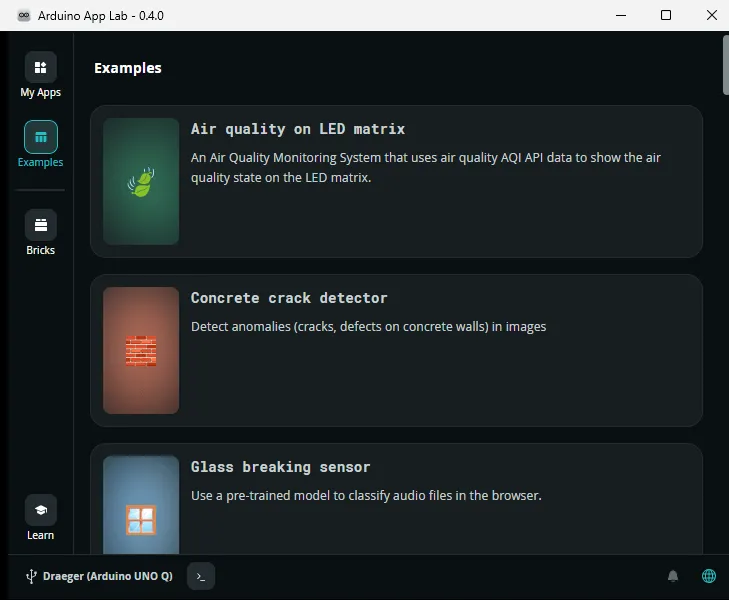 Workflow - Arduino App Lab - Step 2- Projekt wählen oder Beispiel