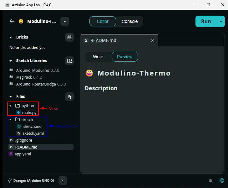 Workflow - Arduino App Lab - Step 4 - Coden in Python oder Arduino C