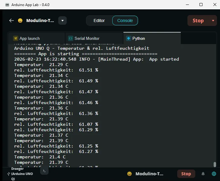 Workflow - Arduino App Lab - Step 5 - Ausgabe von Python print Befehle