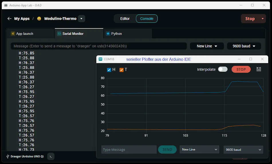 visualisieren der Sensordaten aus dem Arduino App Lab im seriellen Plotter