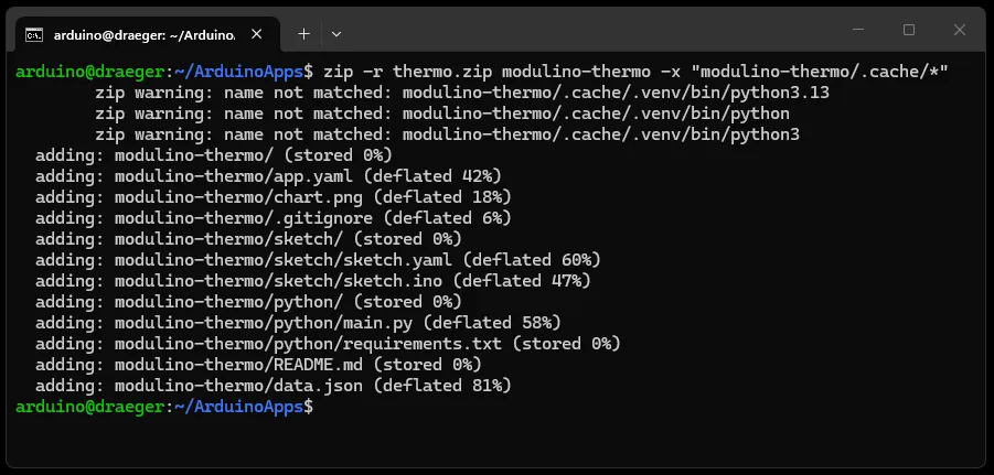 Arduino App Lab - Projektordner komprimieren und cache Ordner ausschliessen