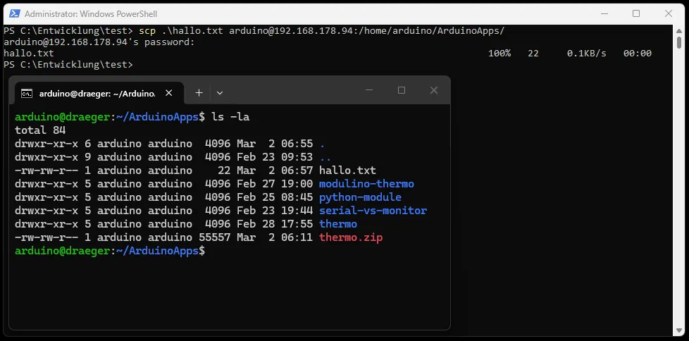 Upload einer Datei vom PC auf den Arduino UNO Q